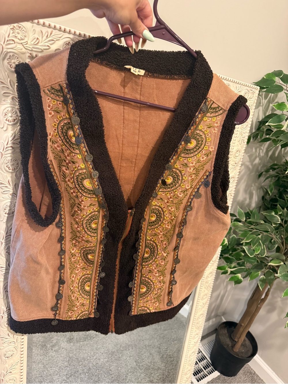 POL Embroidered Brown Tan Vest with Brown Trim